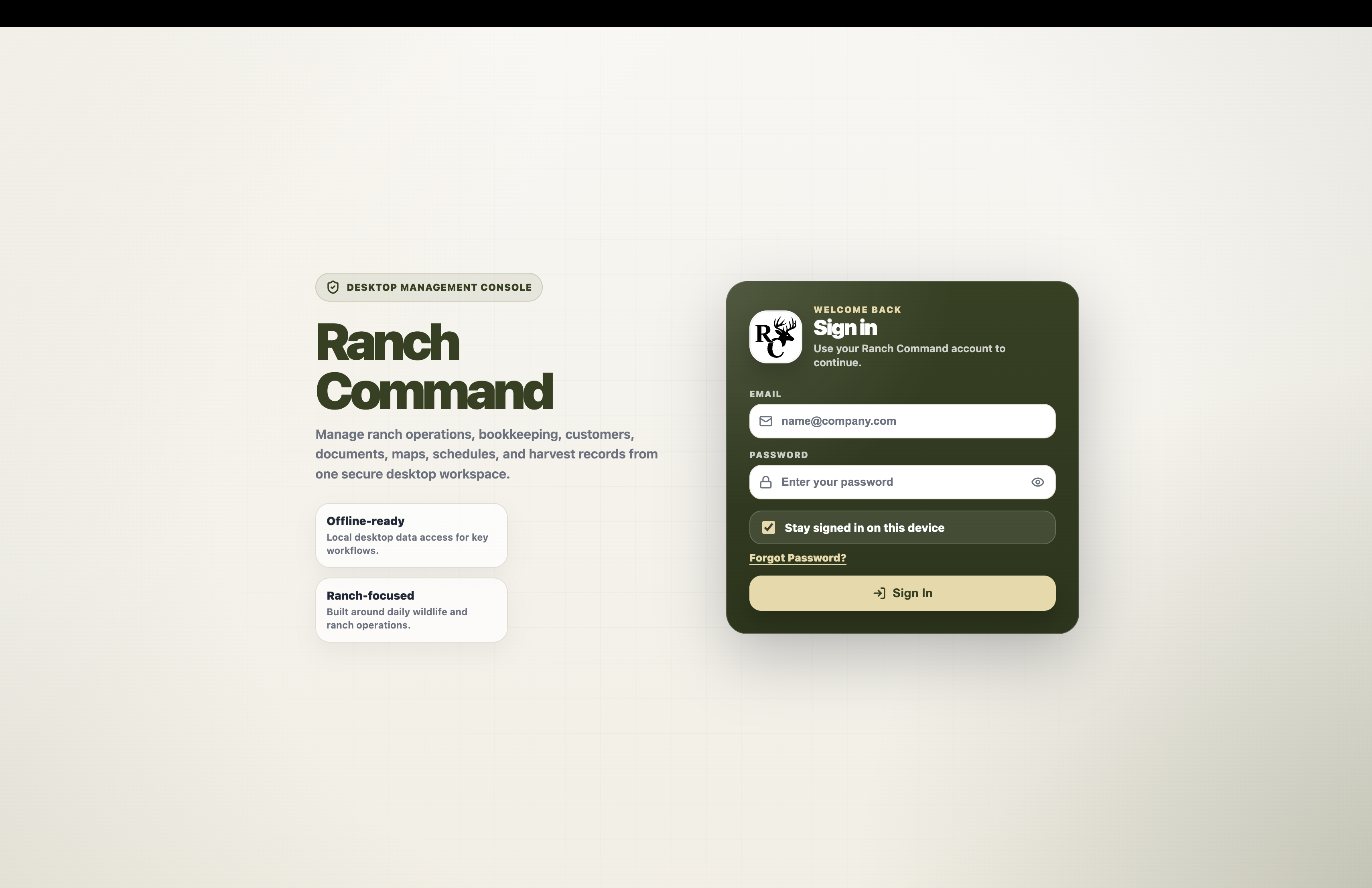 Ranch Command desktop login screen