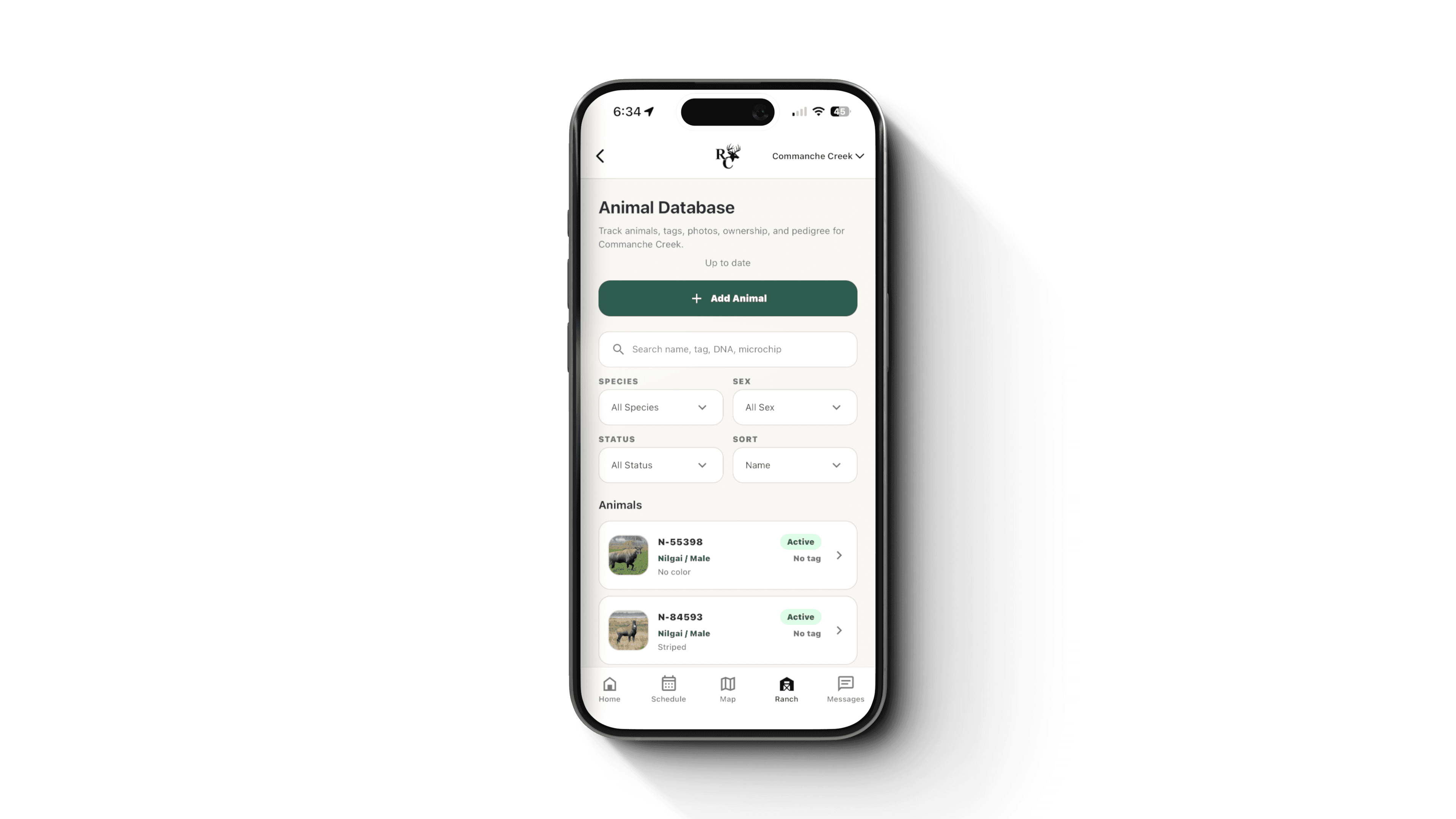 Ranch Command mobile animal database screen