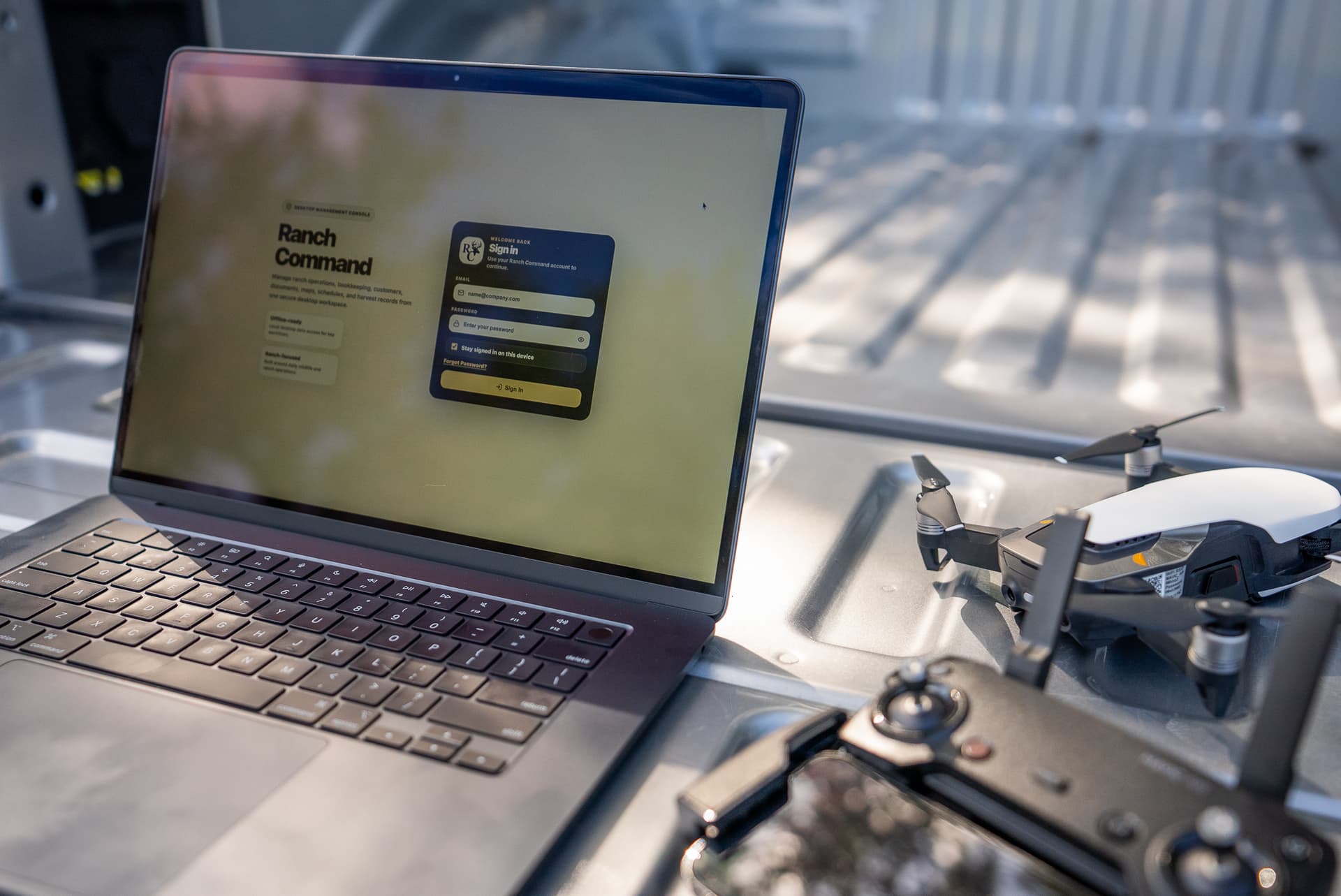 Laptop and drone equipment used for ranch field operations